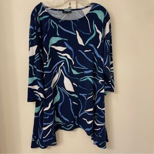Alfani Women 2X Top Tunic Swing Liquid Knit Blue Turquoise White Asymmetric Hem